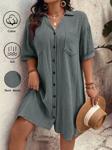 EMERY ROSE Plus Size Women Elegant Daily Wear Solid Color Woven Button-Down Dropped Shoulder Puff Sleeve Pocket V-Neck Collared Mid-Length Dress, Summer - Dusty Blue - View 3