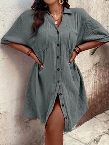 EMERY ROSE Plus Size Women Elegant Daily Wear Solid Color Woven Button-Down Dropped Shoulder Puff Sleeve Pocket V-Neck Collared Mid-Length Dress, Summer - Dusty Blue - View 10