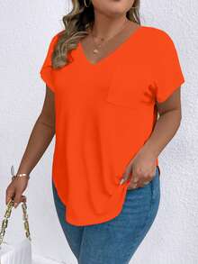 EMERY ROSE Plus Size Solid Color V-Neck Asymmetrical Hem Short Sleeve T-Shirt, Suitable For Summer - Orange - View 4