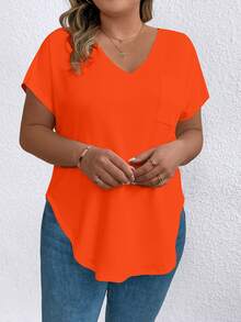 EMERY ROSE Plus Size Solid Color V-Neck Asymmetrical Hem Short Sleeve T-Shirt, Suitable For Summer - Orange - View 5