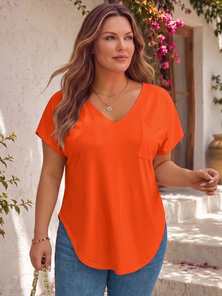 EMERY ROSE Plus Size Solid Color V-Neck Asymmetrical Hem Short Sleeve T-Shirt, Suitable For Summer - Orange - View 1