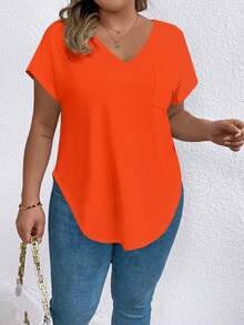 EMERY ROSE Plus Size Solid Color V-Neck Asymmetrical Hem Short Sleeve T-Shirt, Suitable For Summer - Orange - View 3