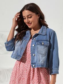 EMERY ROSE Plus Flap Pocket Denim Jacket - Medium Wash - View 5