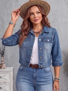 EMERY ROSE Plus Flap Pocket Denim Jacket - Medium Wash - View 3
