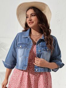 EMERY ROSE Plus Flap Pocket Denim Jacket - Medium Wash - View 4