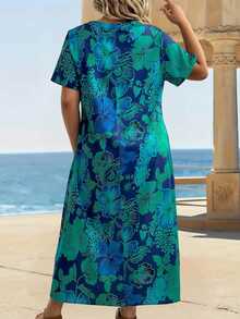 EMERY ROSE Plus Size Women Holiday Floral Print Short Sleeve Pocket Loose Dress Teal - Multicolor - View 2