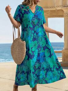 EMERY ROSE Plus Size Women Holiday Floral Print Short Sleeve Pocket Loose Dress Teal - Multicolor - View 7