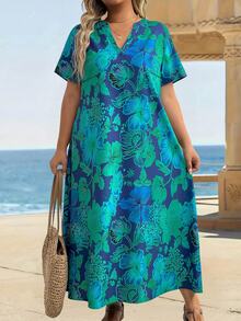 EMERY ROSE Plus Size Women Holiday Floral Print Short Sleeve Pocket Loose Dress Teal - Multicolor - View 5