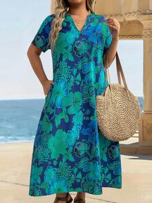 EMERY ROSE Plus Size Women Holiday Floral Print Short Sleeve Pocket Loose Dress Teal - Multicolor - View 8