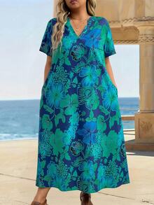 EMERY ROSE Plus Size Women Holiday Floral Print Short Sleeve Pocket Loose Dress Teal - Multicolor - View 6