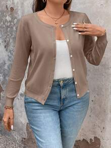 EMERY ROSE Plus Size Women's Solid Color Long Sleeve Single Breasted Casual Cardigan, Autumn/Winter Fall Cloth For Women - Apricot - View 8