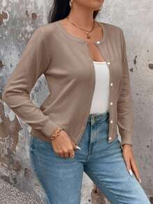 EMERY ROSE Plus Size Women's Solid Color Long Sleeve Single Breasted Casual Cardigan, Autumn/Winter Fall Cloth For Women - Apricot - View 7