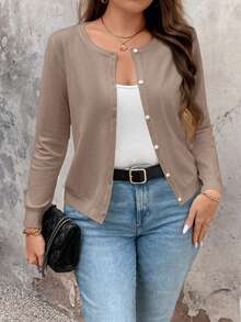 EMERY ROSE Plus Size Women's Solid Color Long Sleeve Single Breasted Casual Cardigan, Autumn/Winter Fall Cloth For Women - Apricot - View 3