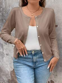 EMERY ROSE Plus Size Women's Solid Color Long Sleeve Single Breasted Casual Cardigan, Autumn/Winter Fall Cloth For Women - Apricot - View 6