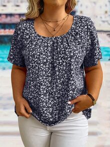 EMERY ROSE Camisa informal de talla grande con estampado floral diminuto de verano - Azul Marino - Ver 5