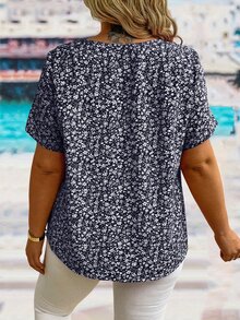 EMERY ROSE Camisa informal de talla grande con estampado floral diminuto de verano - Azul Marino - Ver 2