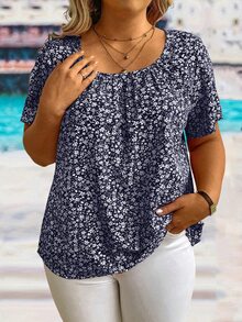 EMERY ROSE Camisa informal de talla grande con estampado floral diminuto de verano - Azul Marino - Ver 6