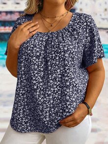 EMERY ROSE Camisa informal de talla grande con estampado floral diminuto de verano - Azul Marino - Ver 4