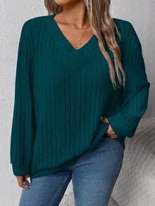 Plus Size Women Loose V-Neck Wide Ribbed Casual Pullover Sweatshirt, Autumn/Winter Graduation,Back To School,Graduation,Teacher,Back To School Fall - Green - View 1