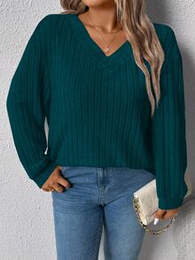 Plus Size Women Loose V-Neck Wide Ribbed Casual Pullover Sweatshirt, Autumn/Winter Graduation,Back To School,Graduation,Teacher,Back To School Fall - Green - View 8