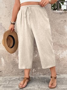 EMERY ROSE Plus Size Women Casual Comfortable Textured Capri Pants, Suitable For Spring/Summer Countryside Vacation Baggy - Beige - View 5
