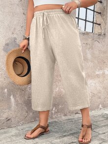 EMERY ROSE Plus Size Women Casual Comfortable Textured Capri Pants, Suitable For Spring/Summer Countryside Vacation Baggy - Beige - View 4