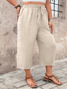 EMERY ROSE Plus Size Women Casual Comfortable Textured Capri Pants, Suitable For Spring/Summer Countryside Vacation Baggy - Beige - View 7