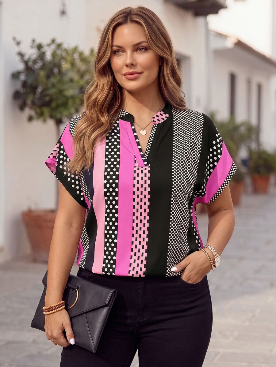 Plus Size Color-Block Short Sleeve Shirt With Random Print Design And Notched Collar For New Year Clothes Disco Plus Size Polka Dot - Pink - View 1