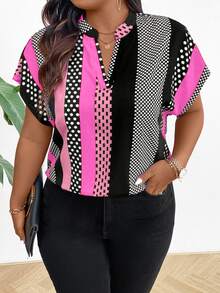 Plus Size Color-Block Short Sleeve Shirt With Random Print Design And Notched Collar For New Year Clothes Disco Plus Size Polka Dot - Pink - View 3