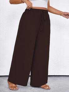 EMERY ROSE Plus Size Women's Solid Color Tie Waist Pocket Wide Leg Pants Fall Cloth For Women - Brown - View 7