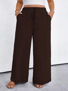 EMERY ROSE Plus Size Women's Solid Color Tie Waist Pocket Wide Leg Pants Fall Cloth For Women - Brown - View 5