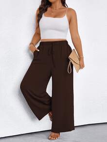 EMERY ROSE Plus Size Women's Solid Color Tie Waist Pocket Wide Leg Pants Fall Cloth For Women - Brown - View 6