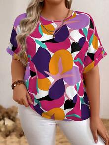 EMERY ROSE Plus Geo Print Batwing Sleeve Blouse For Summer Vacation - Purple - View 1
