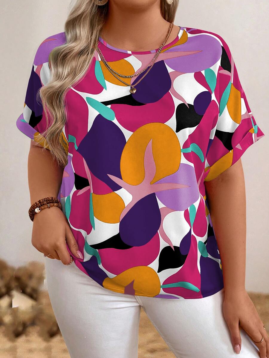 EMERY ROSE Plus Geo Print Batwing Sleeve Blouse For Summer Vacation - Purple - View 1
