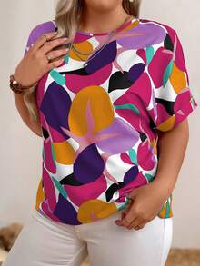 EMERY ROSE Plus Geo Print Batwing Sleeve Blouse For Summer Vacation - Purple - View 5