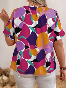 EMERY ROSE Plus Geo Print Batwing Sleeve Blouse For Summer Vacation - Purple - View 2