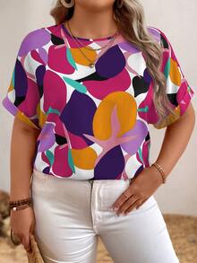 EMERY ROSE Plus Geo Print Batwing Sleeve Blouse For Summer Vacation - Purple - View 6