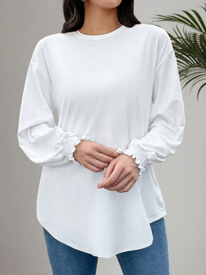 EMERY ROSE Plus Size Women Knitted Crew Neck Cable Sleeve White Long Sleeve Casual Shirt Fall