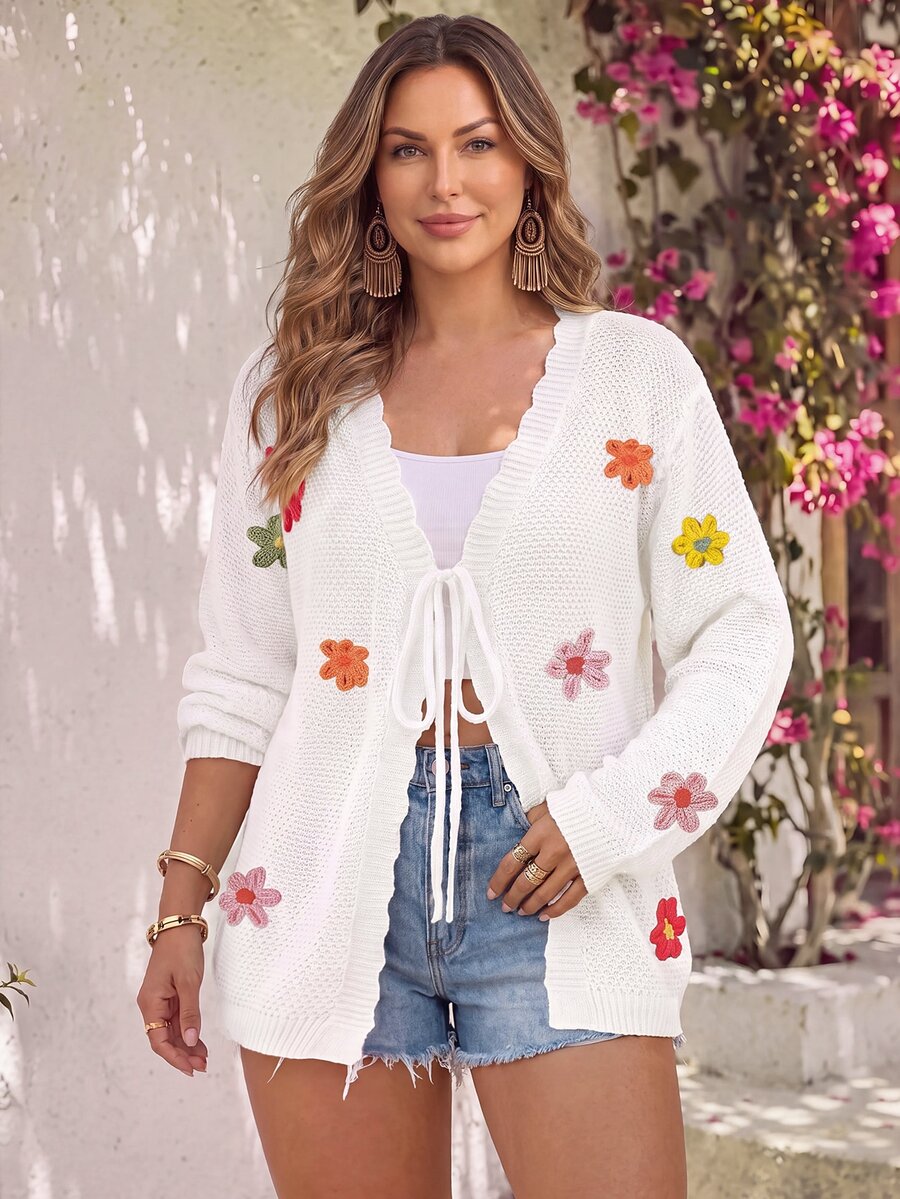 EMERY ROSE Plus Size Women's White Boho Summer Vacation Holiday Elegant Cardigan,Solid Color Knit V-Neck Hollow Floral Decor Long Sleeve Lightweight Cloth Fall - White - View 1