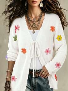 EMERY ROSE Plus Size Women's White Boho Summer Vacation Holiday Elegant Cardigan,Solid Color Knit V-Neck Hollow Floral Decor Long Sleeve Lightweight Cloth Fall - White - View 3