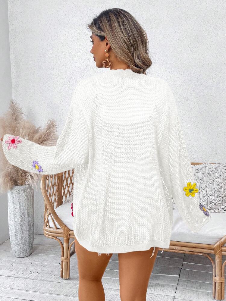 EMERY ROSE Plus Size Women's White Boho Summer Vacation Holiday Elegant Cardigan,Solid Color Knit V-Neck Hollow Floral Decor Long Sleeve Lightweight Cloth Fall - White - View 2