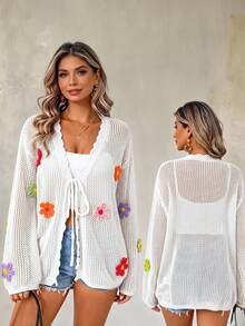 EMERY ROSE Plus Size Women's White Boho Summer Vacation Holiday Elegant Cardigan,Solid Color Knit V-Neck Hollow Floral Decor Long Sleeve Lightweight Cloth Fall - White - View 5