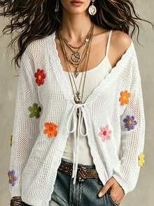 EMERY ROSE Plus Size Women's White Boho Summer Vacation Holiday Elegant Cardigan,Solid Color Knit V-Neck Hollow Floral Decor Long Sleeve Lightweight Cloth Fall - White - View 4