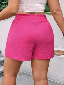 EMERY ROSE Women's Hot Pink Textured Casual Shorts, Ruffle Elastic Drawstring Waist Side Pocket Loose Hot Pants For Summer Vacation - Hot Pink - View 2