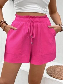 EMERY ROSE Women's Hot Pink Textured Casual Shorts, Ruffle Elastic Drawstring Waist Side Pocket Loose Hot Pants For Summer Vacation - Hot Pink - View 3