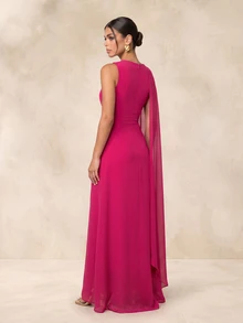 QUIZ Pink One Shoulder Chiffon Floral Detail Cape Sleeve Wrap Neck Maxi Dress, Elegant Long Dress, Wedding Guest Dress Women, Wedding Guest Dress, Summer Dress, Summer Dresses For Women, Summer Dresses, Autumn Dresses, Fall Clothes For Women, Dresses For Women, Dresses For Woman, Formal Event Dress - Hot Pink - View 2