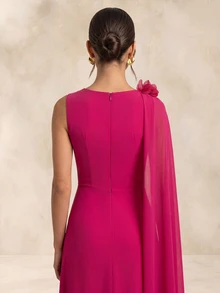 QUIZ Pink One Shoulder Chiffon Floral Detail Cape Sleeve Wrap Neck Maxi Dress, Elegant Long Dress, Wedding Guest Dress Women, Wedding Guest Dress, Summer Dress, Summer Dresses For Women, Summer Dresses, Autumn Dresses, Fall Clothes For Women, Dresses For Women, Dresses For Woman, Formal Event Dress - Hot Pink - View 6