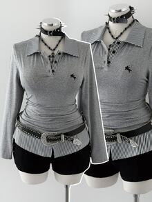 Sunspun Kaos Lengan Panjang Ukuran Besar dengan Kerah Bergaris, Blok Warna, Bordir Logo, Pinggang Diikat, dan Detail Kerut, Cocok untuk Wisuda Musim Gugur, Klub, dan Gaya Kasual Elegan Warna Abu-abu. - Grey - View 5