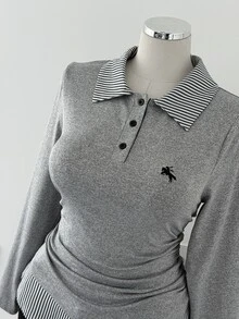 Sunspun Kaos Lengan Panjang Ukuran Besar dengan Kerah Bergaris, Blok Warna, Bordir Logo, Pinggang Diikat, dan Detail Kerut, Cocok untuk Wisuda Musim Gugur, Klub, dan Gaya Kasual Elegan Warna Abu-abu. - Grey - View 8