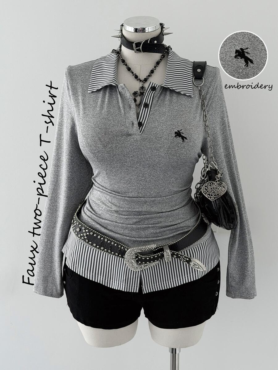 Sunspun Kaos Lengan Panjang Ukuran Besar dengan Kerah Bergaris, Blok Warna, Bordir Logo, Pinggang Diikat, dan Detail Kerut, Cocok untuk Wisuda Musim Gugur, Klub, dan Gaya Kasual Elegan Warna Abu-abu. - Grey - View 1
